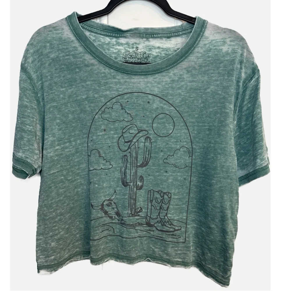 Goodie Two Sleeves -Womens Washed Green Cactus Short Sleeve Cropped Tee size S - Picture 1 of 7